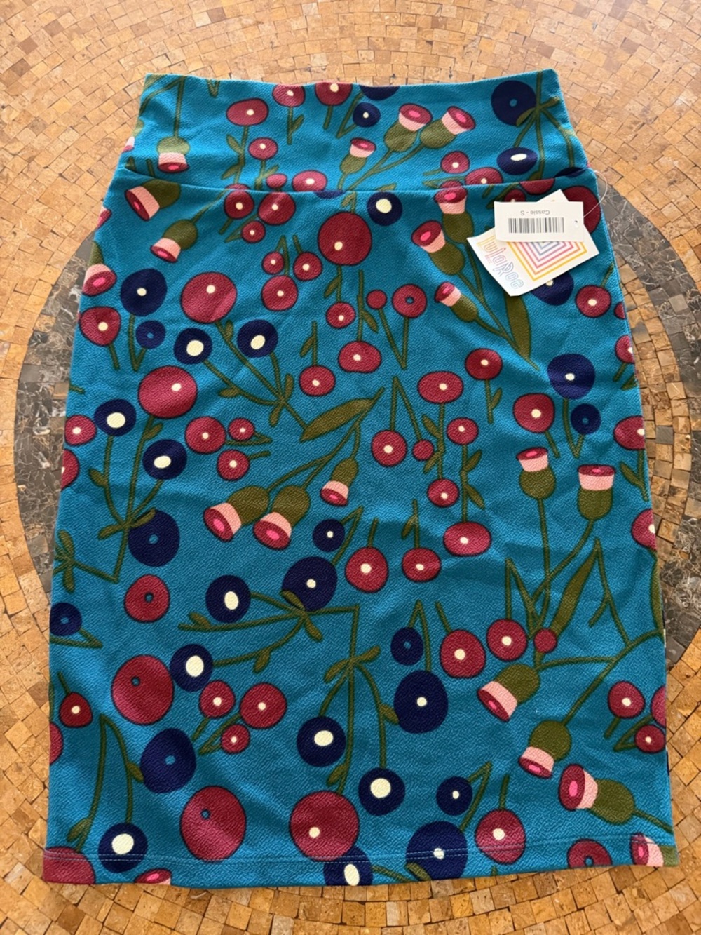 LuLaRoe Teal Floral Pencil Skirt with Pink and Navy Accents